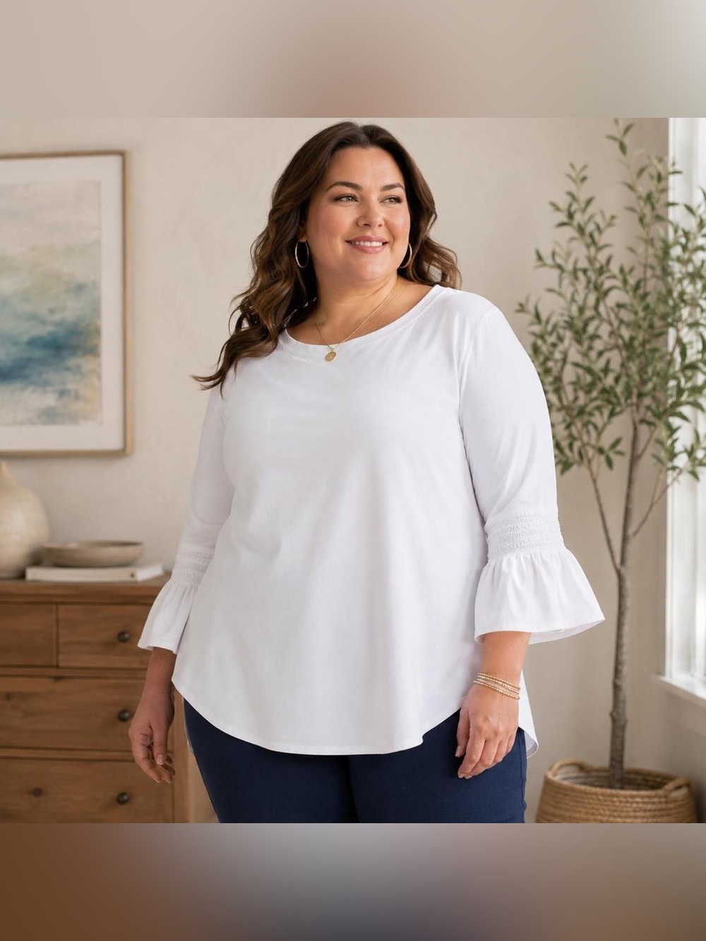 J. Jill White 3/4 Flutter Sleeve Top with Shirt Tail Hem Great For Layering - XL